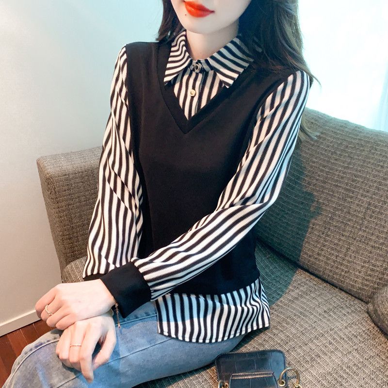 여성 슬림핏 스트라이프 셔츠 가을 데일리 스타일 작은 셔츠 탑 통근용 캐주얼블라우스 시크한 디자인 편안한 착용감 여성스러운 매력 - 상세 이미지 4