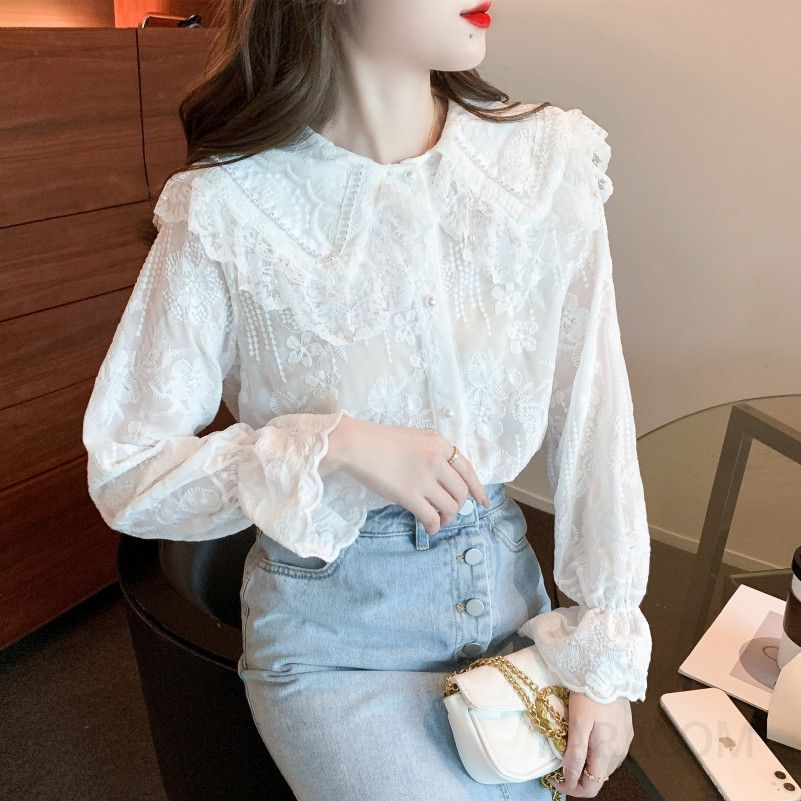 여성 레이스 셔츠 가을 긴팔 우아한 스타일 블라우스 레이어드용 시스루 이너로 적합한 캐주얼한 매력 - 상세 이미지 5
