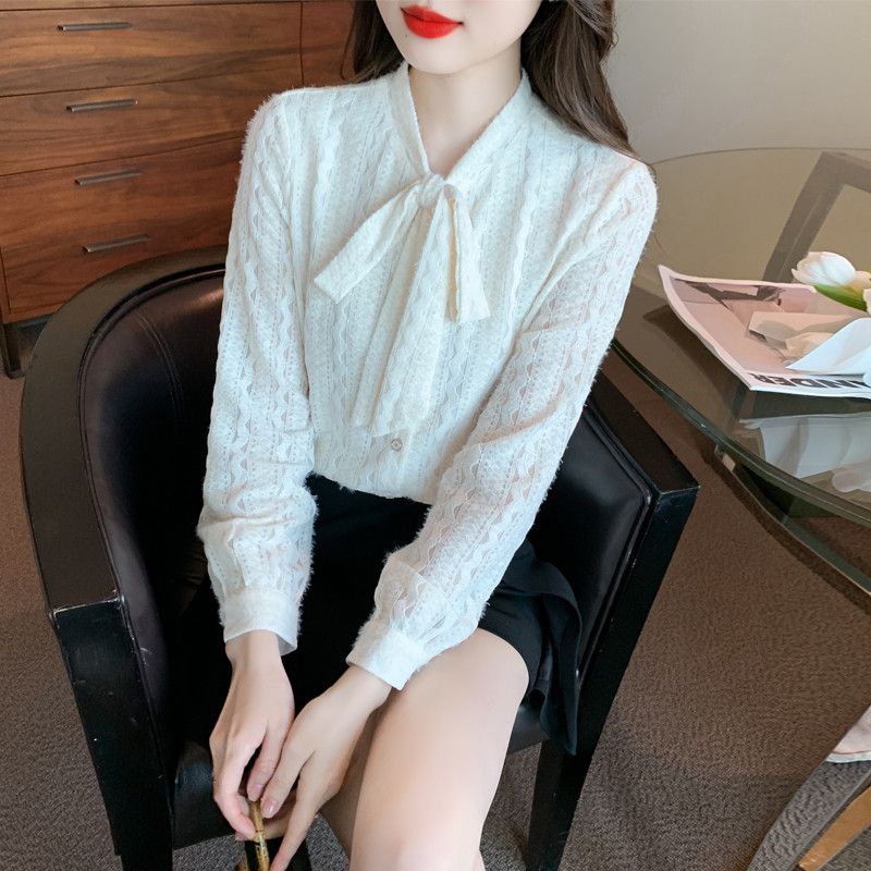 레이스 리본 쉬폰 셔츠 여성용 긴팔 블라우스 가을 데일리 우아한 스타일 부드러운 착용감 레이어드용 캐주얼한 디자인 - 상품 이미지