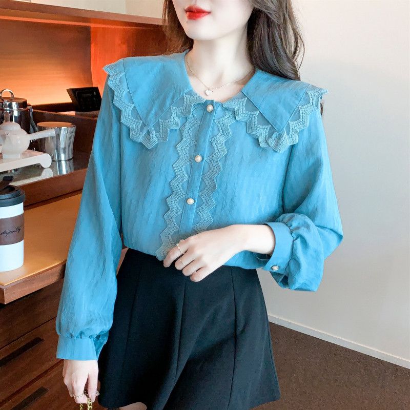 쉬폰 레이스 블라우스 여성용 가을 스타일리쉬 긴팔 셔츠 우아한 디자인 데일리룩 레이어드 활용도 높은 시스루 매력적인 착용감 - 상세 이미지 3