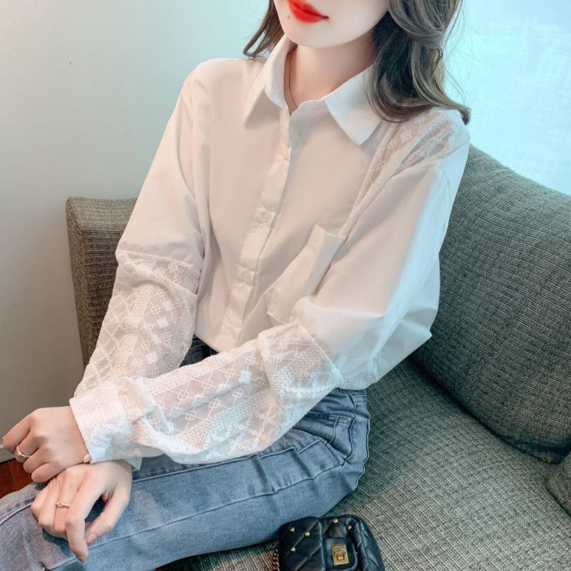 레이스 쉬폰 루즈핏 블라우스 여성 가을 화이트 긴팔 셔츠 스타일 라운드넥 디자인 우아한 캐주얼 시스루 탑 - 상세 이미지 4