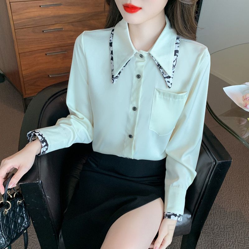 여성용 레트로 프린트 새틴 긴팔블라우스 가을 패션 쉬폰 소재 루즈핏 스타일링 데일리 캐주얼룩 대비색 디자인 고급스러운 착용감 - 상세 이미지 2