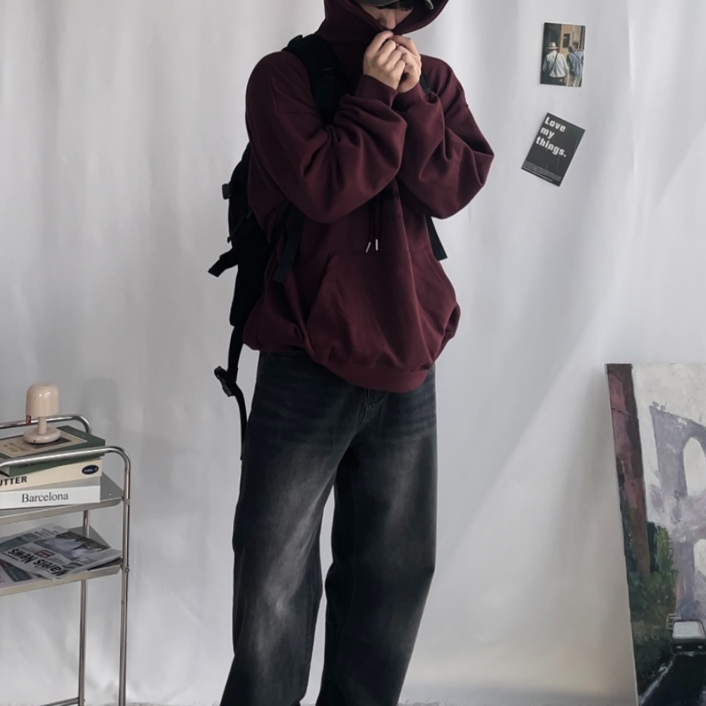 버건디후드티 커플 헬스 후드티 남자 오버핏 - 상세 이미지 3