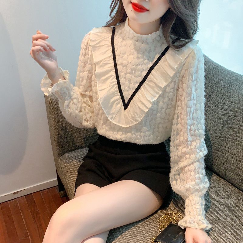 여성 레이스 긴팔 셔츠 얇은 가을 데일리 블라우스 스타일 통근용 프릴 장식 우아한 디자인 착용감 좋은 상의 - 상세 이미지 2
