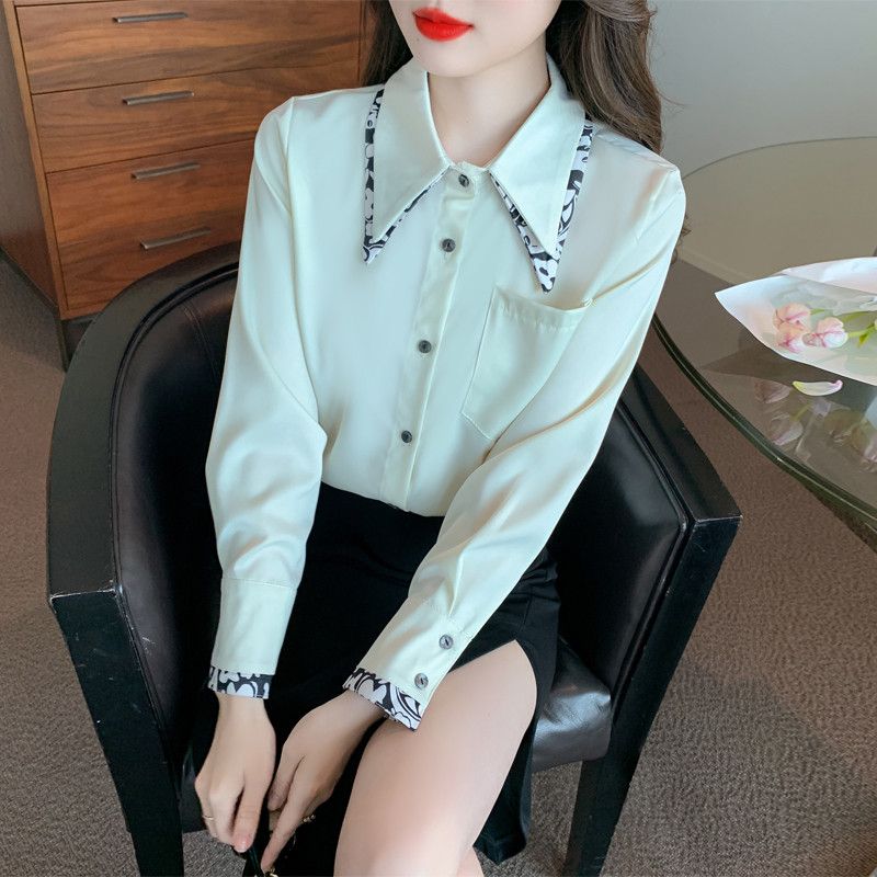 여성용 레트로 프린트 새틴 긴팔블라우스 가을 패션 쉬폰 소재 루즈핏 스타일링 데일리 캐주얼룩 대비색 디자인 고급스러운 착용감 - 상품 이미지