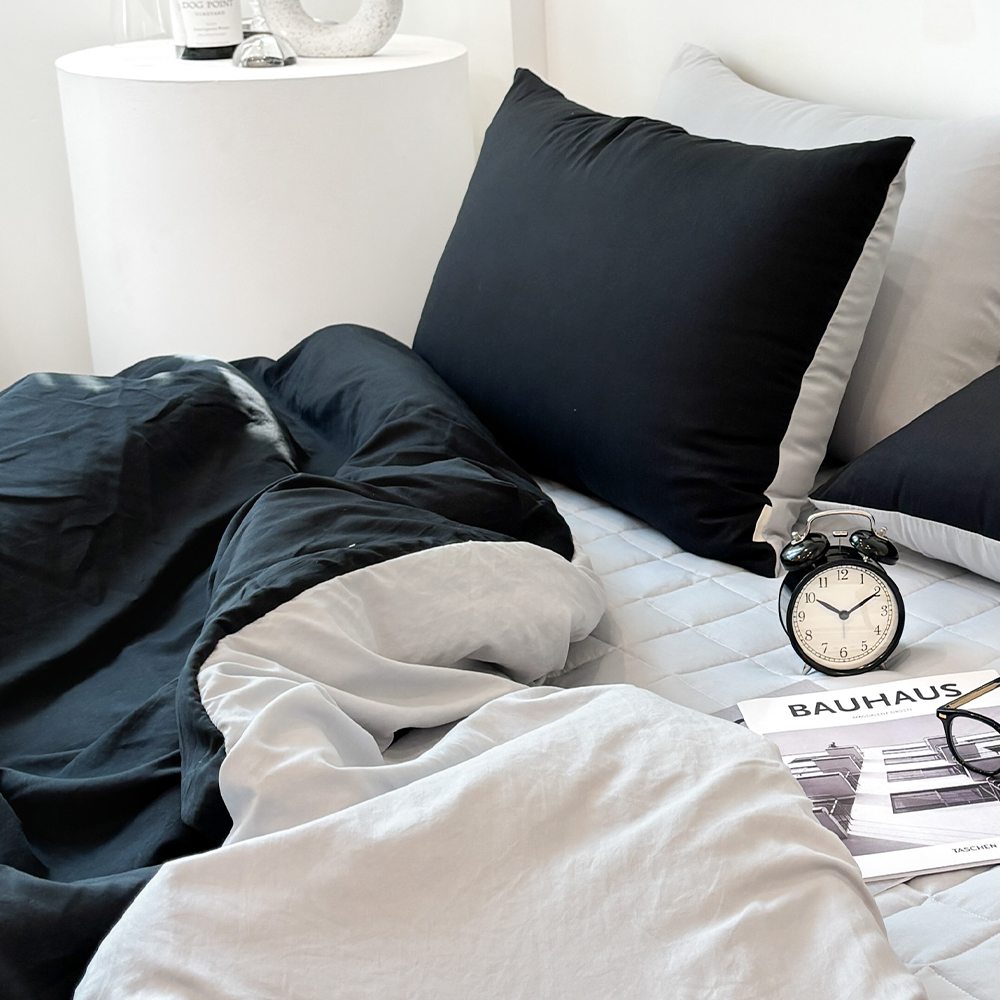 부드러운 디어마이 리버서블 워싱 옥수수솜 무봉제 차렵이불 세트 펭귄 블랙, Q패드세트(이불+베개커버+침대패드)