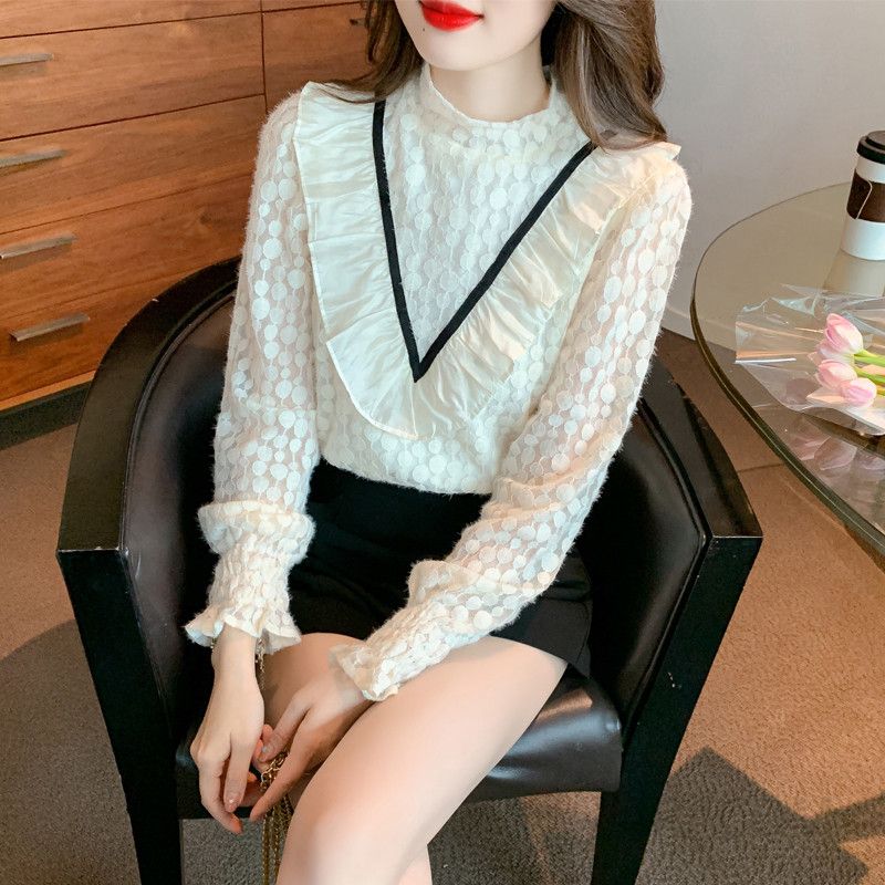 여성 레이스 긴팔 셔츠 얇은 가을 데일리 블라우스 스타일 통근용 프릴 장식 우아한 디자인 착용감 좋은 상의 - 상품 이미지