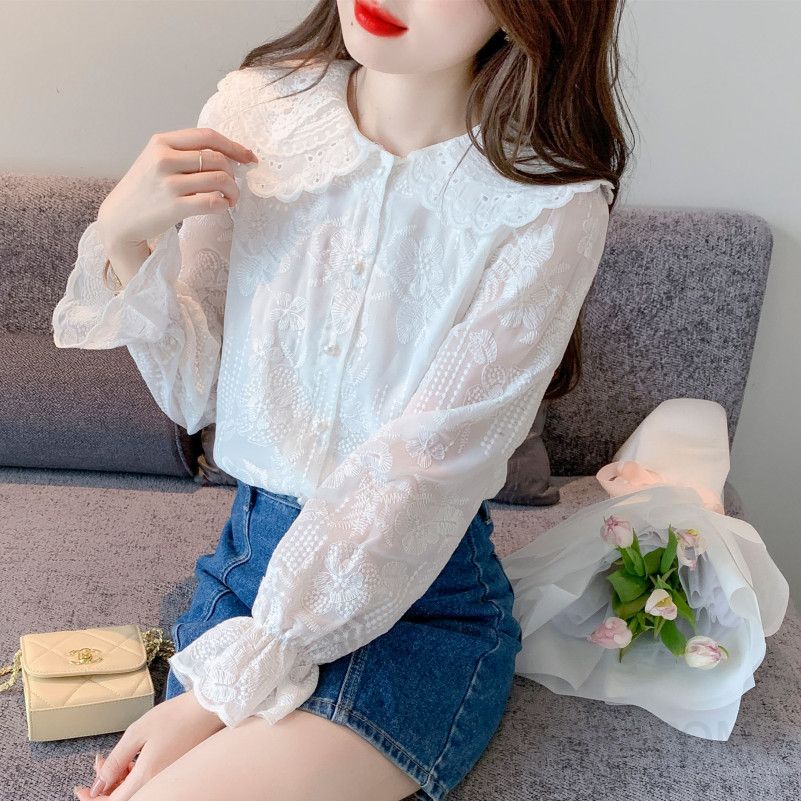 화이트 쉬폰 레이스 블라우스 여성 가을 긴팔 스타일리시한 루즈핏 데일리 셔츠 시스루 디자인 여성스러운 분위기 - 상세 이미지 2