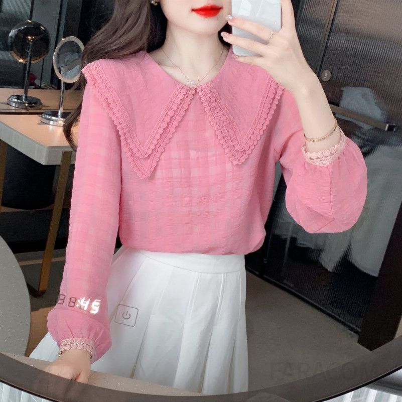 쉬폰 긴팔 블라우스 여성 가을 프랑스 스타일 인형 칼라 루즈핏 데일리 셔츠 고급스러운 통근룩 하객룩 매력적인 디자인 빈티지 감성 - 상세 이미지 4