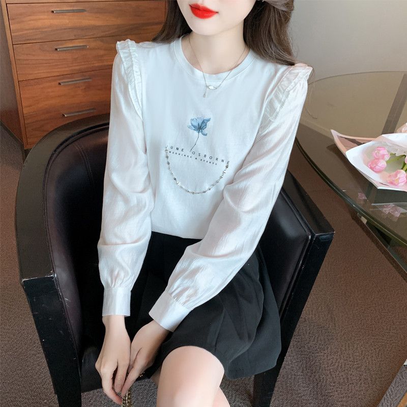 여성 라운드넥 쉬폰 스플라이싱 긴팔 블라우스 가을 캐주얼 스타일 데일리 착용감 좋은 심플한 디자인 편안한 외출용 탑 - 상품 이미지