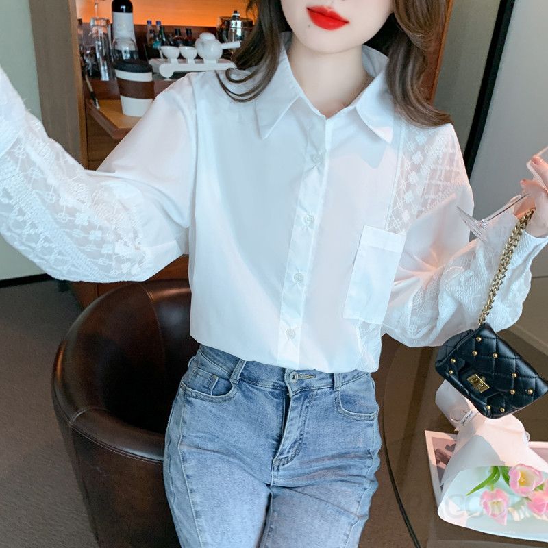 레이스 쉬폰 루즈핏 블라우스 여성 가을 화이트 긴팔 셔츠 스타일 라운드넥 디자인 우아한 캐주얼 시스루 탑 - 상세 이미지 2