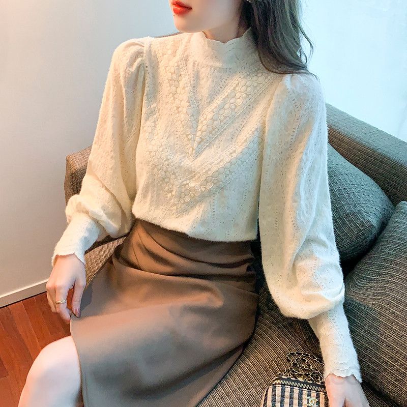 레이스 하프넥 블라우스 여성 긴팔 가을 스타일리시한 프랑스 무드 빈티지 루즈핏 캐주얼 셔츠 오피스룩 하객룩 데일리룩 - 상세 이미지 3