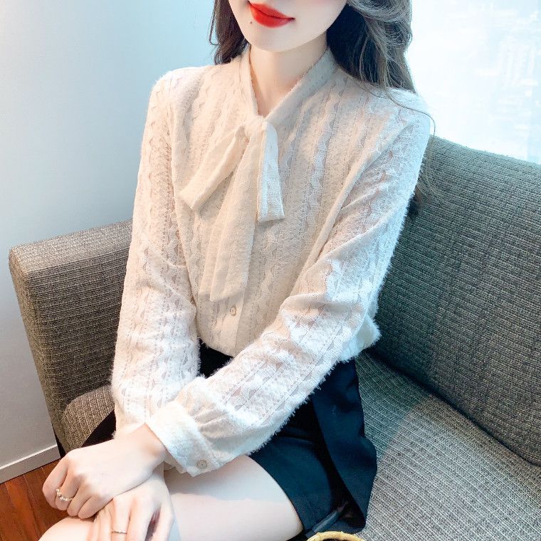 레이스 리본 쉬폰 셔츠 여성용 긴팔 블라우스 가을 데일리 우아한 스타일 부드러운 착용감 레이어드용 캐주얼한 디자인 - 상세 이미지 3