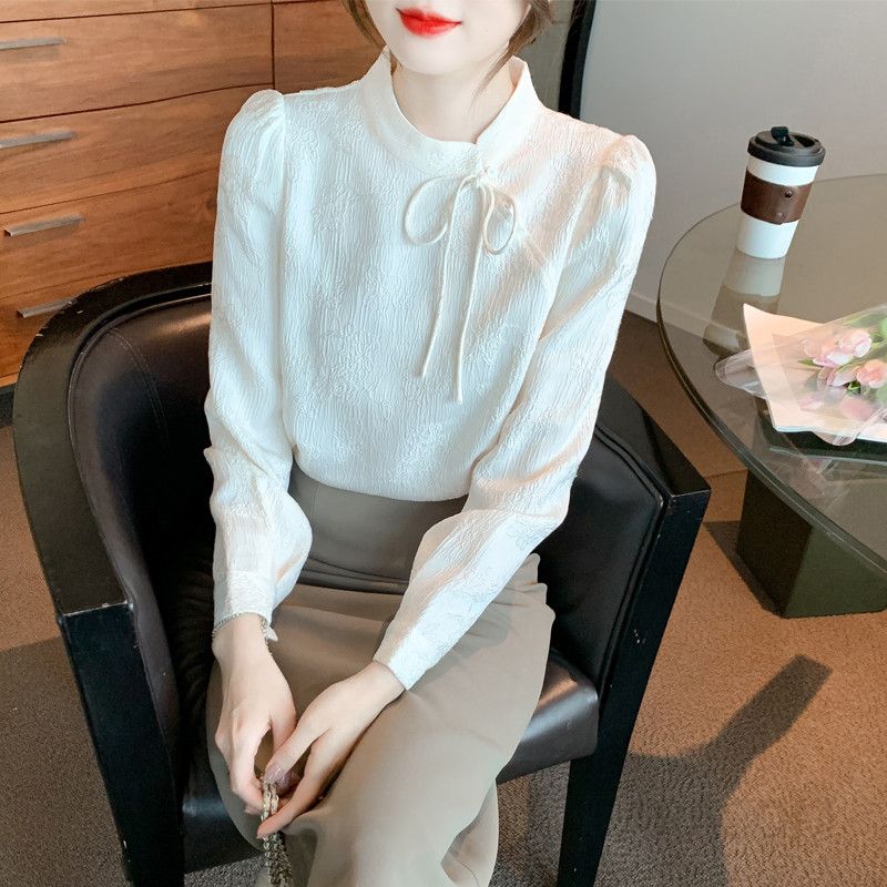 여성 쉬폰 셔츠 러플 스탠드 칼라 가을 슬림 핏 블라우스 긴팔 고급스러운 스타일 데일리 룩 하객 패션 - 상품 이미지