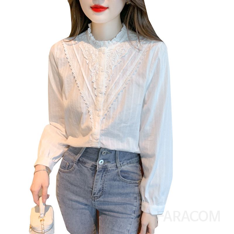 여성 레이스 쉬폰 블라우스 가을 데일리 긴팔 오피스룩 하프넥 스타일링 핀턱 디자인 캐주얼한 분위기 전문가용 - 상세 이미지 5