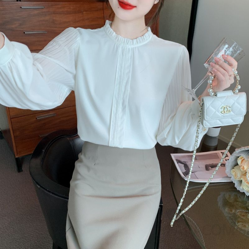 여성 쉬폰 블라우스 긴팔 가을 코디 루즈핏 반목 스타일 데일리 소프트한 착용감 고급스러운 디자인 하객룩 추천 - 상세 이미지 4