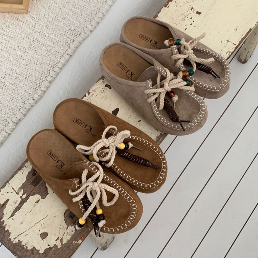 모카신 뮬 슬리퍼 스웨이드 내추럴 로프 비즈 러기드 아웃슈즈 - 메인 이미지