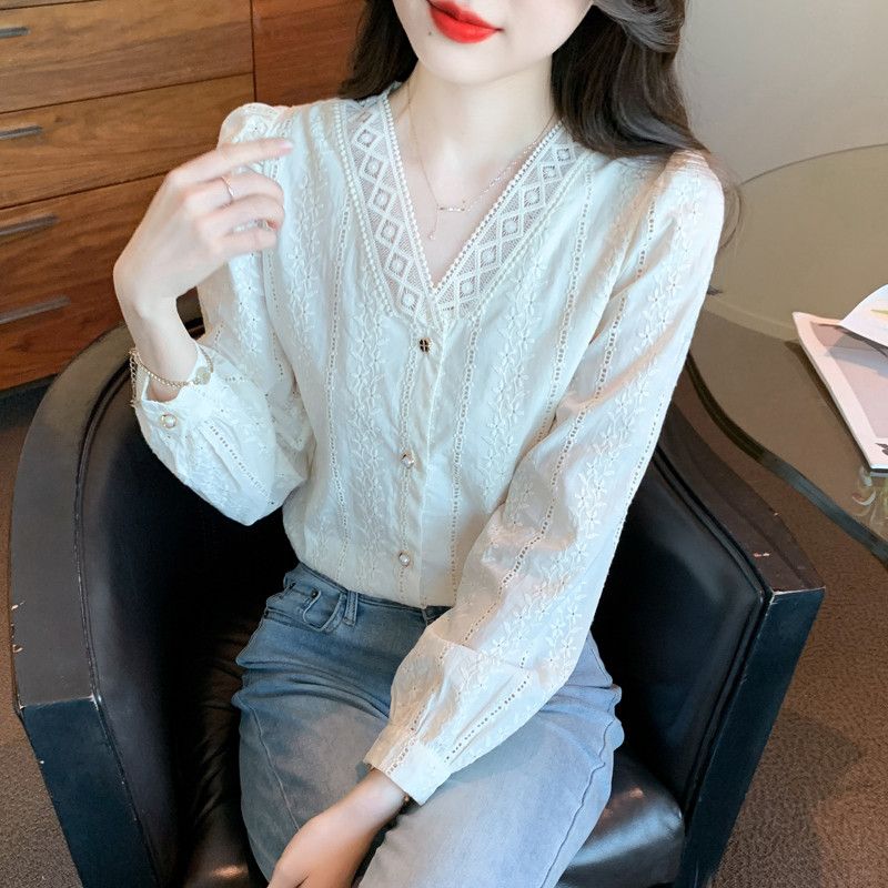 브이넥 프렌치 레이스 긴팔 블라우스 여성 봄 가을 데일리 우아한 자수 디자인 상의 시스루 스타일 - 상세 이미지 2