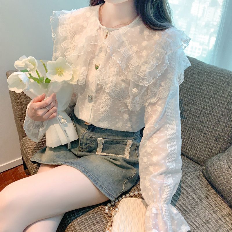 여성 레이스 베이비 칼라 쉬폰 블라우스 가을 루즈핏 긴팔 셔츠 스타일 데일리 캐주얼 자수 디자인 빈티지 감성 모던한 착용감 예쁜 - 상세 이미지 2
