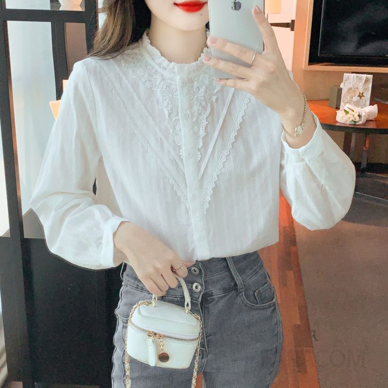 여성 레이스 쉬폰 블라우스 가을 데일리 긴팔 오피스룩 하프넥 스타일링 핀턱 디자인 캐주얼한 분위기 전문가용 - 상세 이미지 4