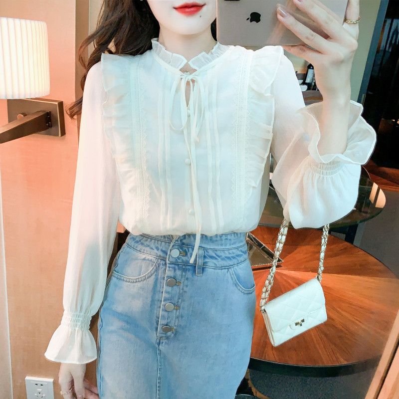 여성 쉬폰 블라우스 가을 신상 긴팔 상의 고급스러운 서양 스타일 데일리룩 공식석상 유행 패션 - 상세 이미지 5
