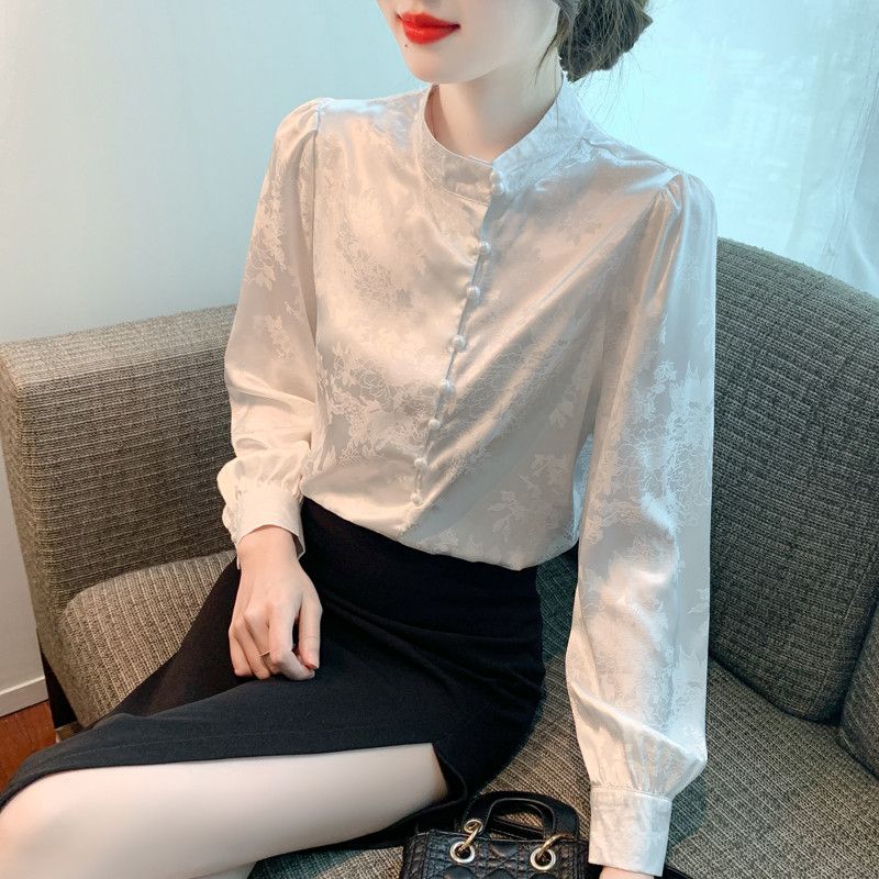 여성 가을 레트로 스탠드 칼라 긴팔 블라우스 루즈핏 캐주얼 스타일 통근용 데일리 셔츠 고급스러운 디자인 편안한 착용감 - 상세 이미지 2