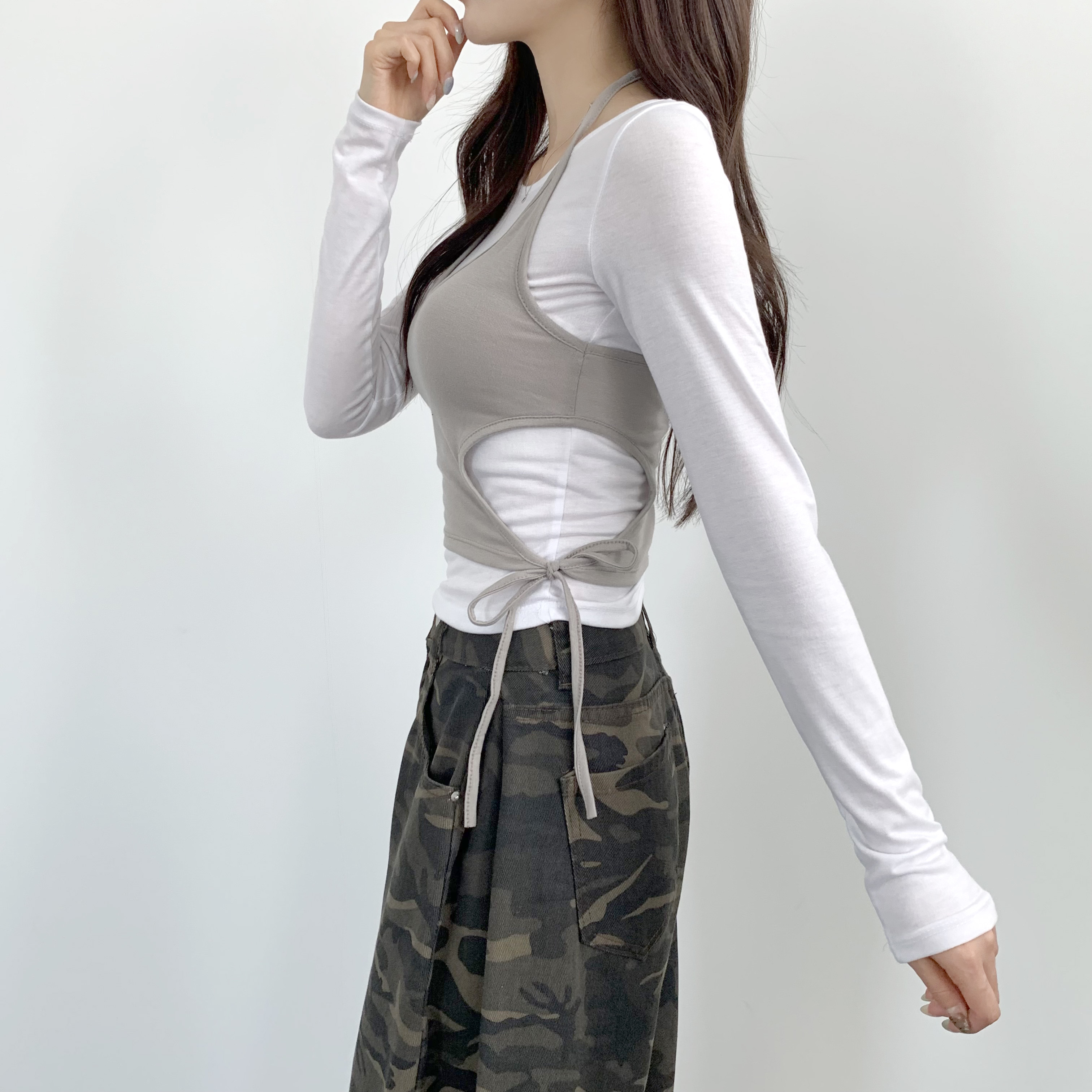 여성 홀터넥 티셔츠 탱크탑 레이어드나시 - 상세 이미지 2