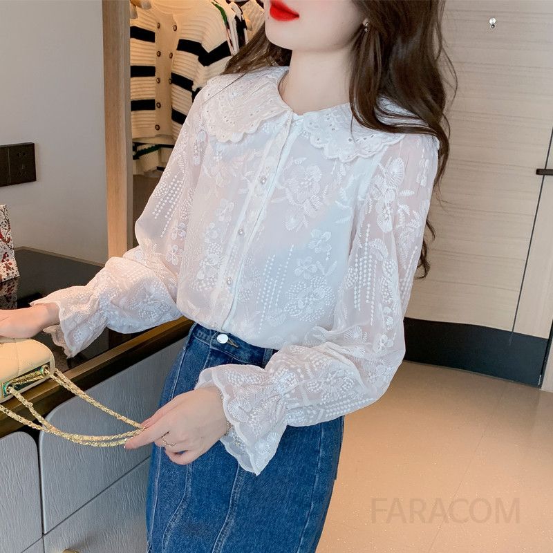 화이트 쉬폰 레이스 블라우스 여성 가을 긴팔 스타일리시한 루즈핏 데일리 셔츠 시스루 디자인 여성스러운 분위기 - 상세 이미지 3