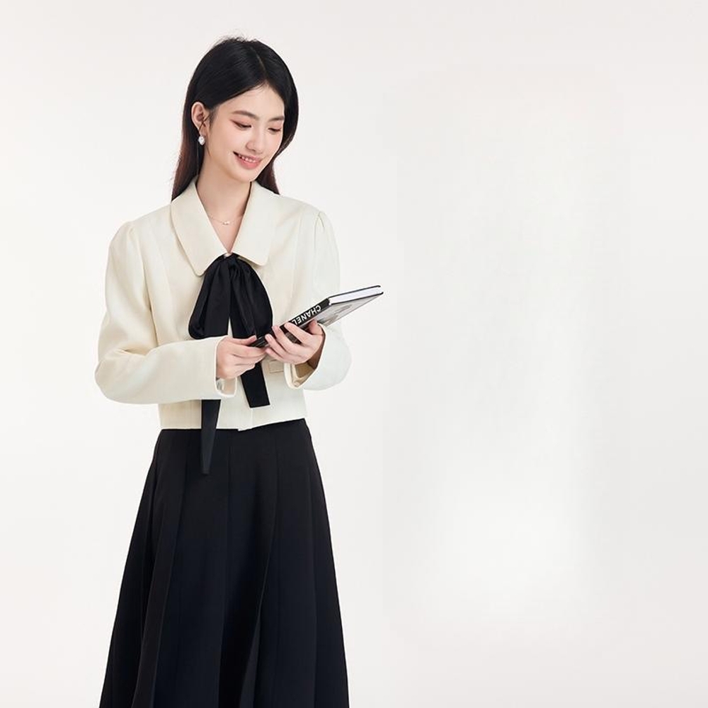 피로연 투피스 여성리본셋업 상견례 정장 크리스마스 크롭 가을트위드셋업 신부예복 결혼식 세트 회색 S - 상세 이미지 4