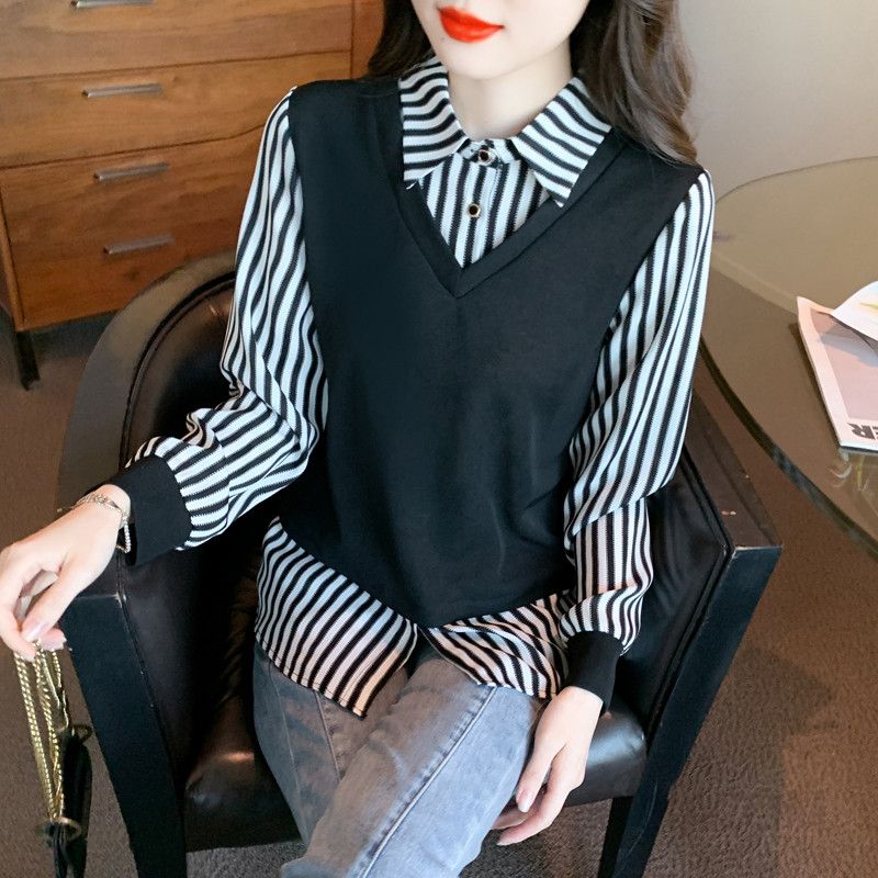 여성 슬림핏 스트라이프 셔츠 가을 데일리 스타일 작은 셔츠 탑 통근용 캐주얼블라우스 시크한 디자인 편안한 착용감 여성스러운 매력 - 상세 이미지 2