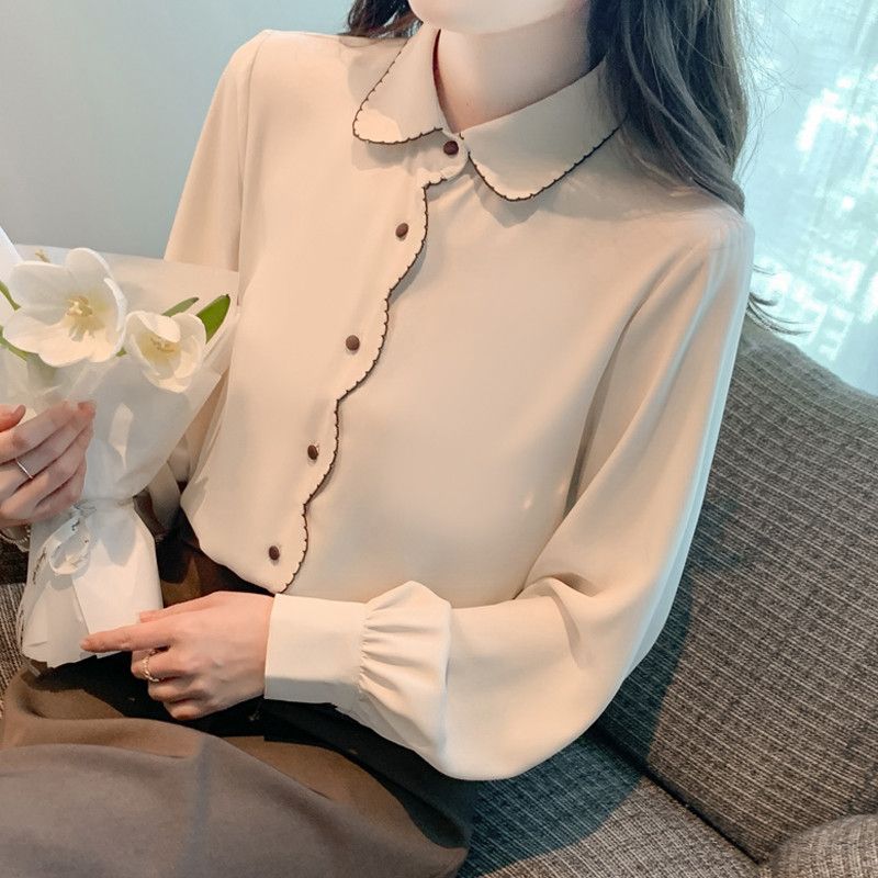 쉬폰 긴팔 블라우스 여성 가을 스타일 웨이브 엣지 폴로 칼라 자수 디테일 루즈핏 우아한 데일리룩 하객룩 - 상세 이미지 2