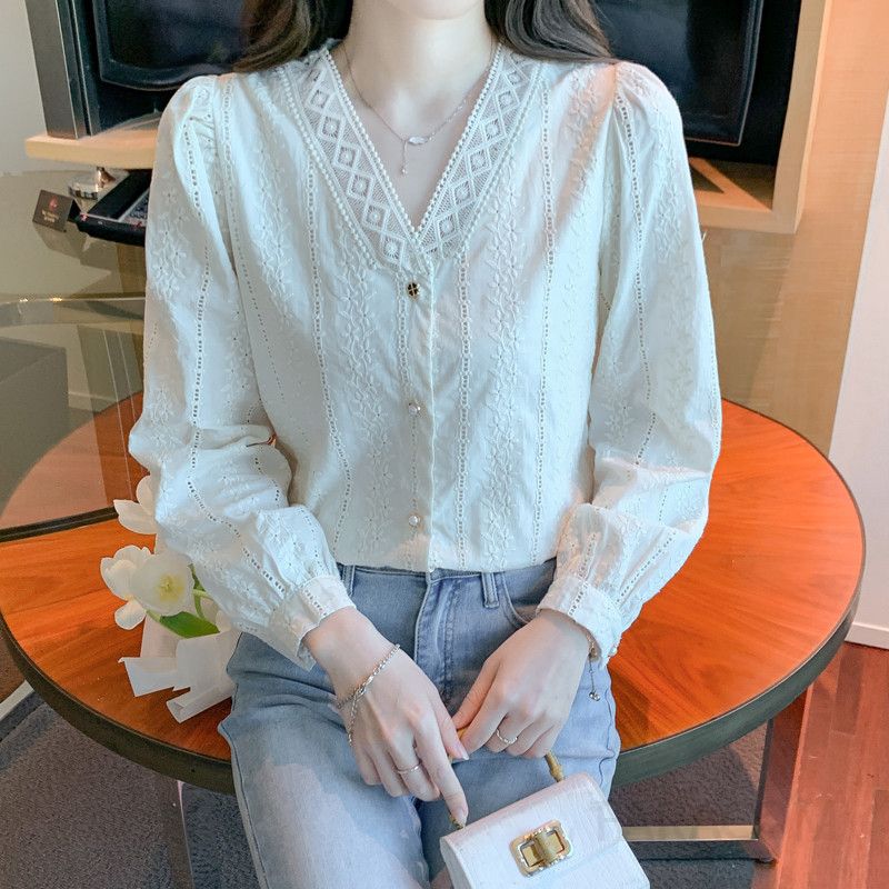 브이넥 프렌치 레이스 긴팔 블라우스 여성 봄 가을 데일리 우아한 자수 디자인 상의 시스루 스타일 - 상세 이미지 4