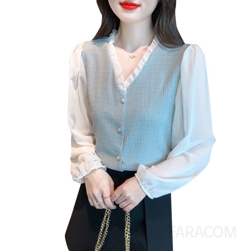 여성 브이넥 쉬폰 블라우스 봄 스타일리시한 긴팔 상의 데일리 착용감 편안한 여성블라우스 다양한 코디 가능 빈티지 감성 - 상세 이미지 5