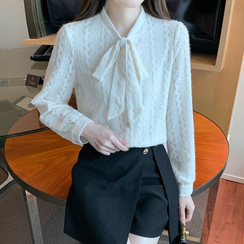 레이스 리본 쉬폰 셔츠 여성용 긴팔 블라우스 가을 데일리 우아한 스타일 부드러운 착용감 레이어드용 캐주얼한 디자인 - 상세 이미지 2