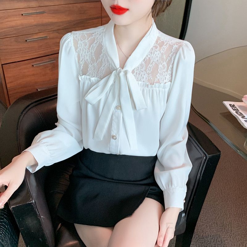 레이스 리본 쉬폰 블라우스 여성 가을 긴팔 루즈핏 우아한 스타일링 하객룩 데일리 캐주얼 코디 쉬폰 소재 고급스러운 디자인 - 상세 이미지 2
