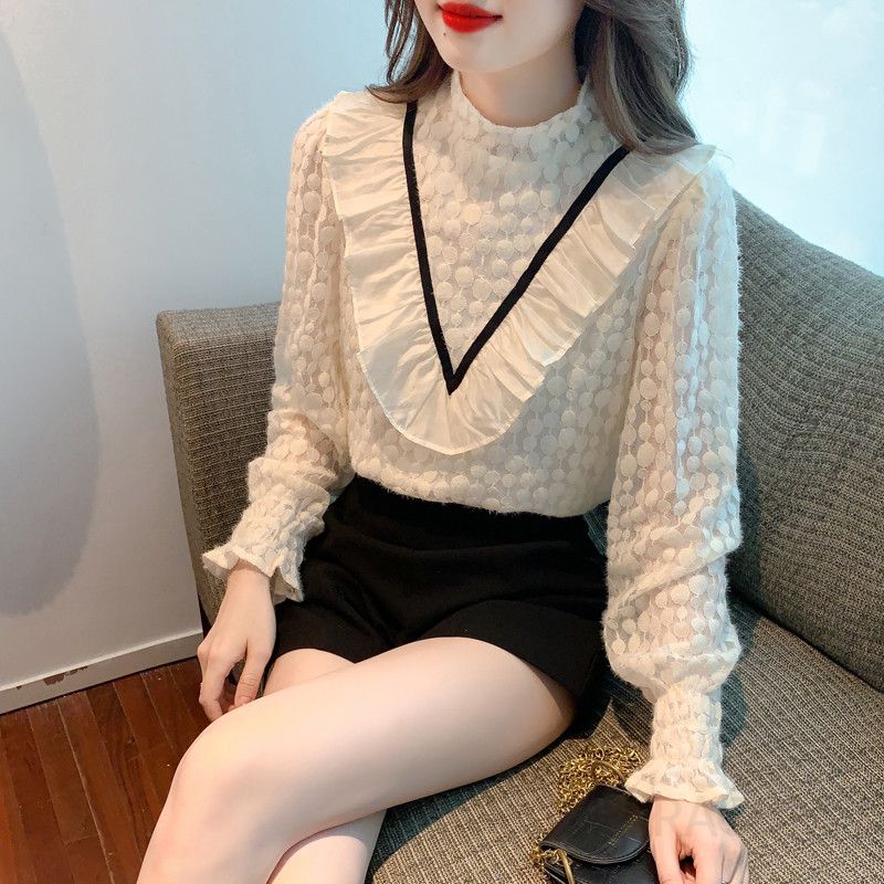 여성 레이스 긴팔 셔츠 얇은 가을 데일리 블라우스 스타일 통근용 프릴 장식 우아한 디자인 착용감 좋은 상의 - 상세 이미지 3