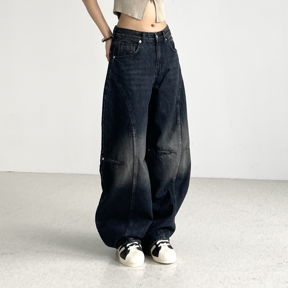 오오티제이 여성 와이드 청바지 가을 로우라이즈 ootj바지 벌룬핏 빈티지워싱 커브드데님