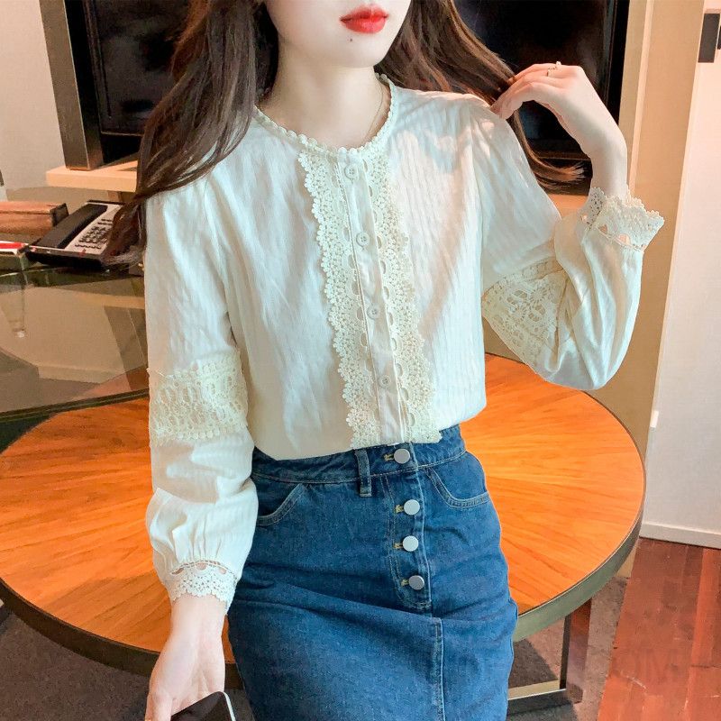 여성 라운드넥 레이스 롱슬리브 블라우스 봄 가을 데일리 루즈핏 스타일 빈티지한 디자인 시스루 쉬폰 소재 편안한 착용감 코디네이션 - 상세 이미지 4