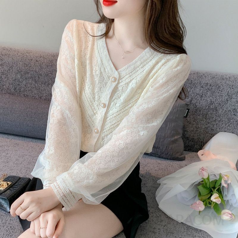 여성 브이넥 쉬폰 레이스 블라우스 가을용 우아한 스타일 데일리 셔츠 편안한 착용감 빈티지 디자인 - 상세 이미지 2