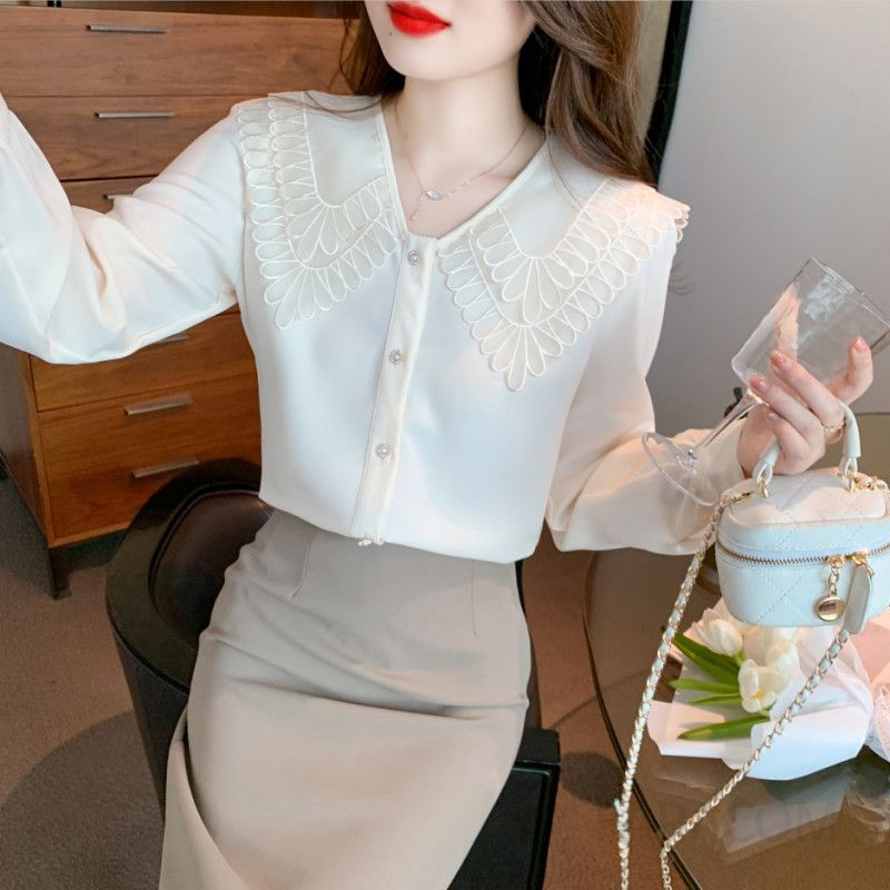 여성 가을 쉬폰 블라우스 긴팔 셔츠 스타일리시한 루즈핏 데일리 유행 프릴 디자인 빈티지 감성 코디너리 스타일링 쉬운 편안한 착용감 - 상세 이미지 2