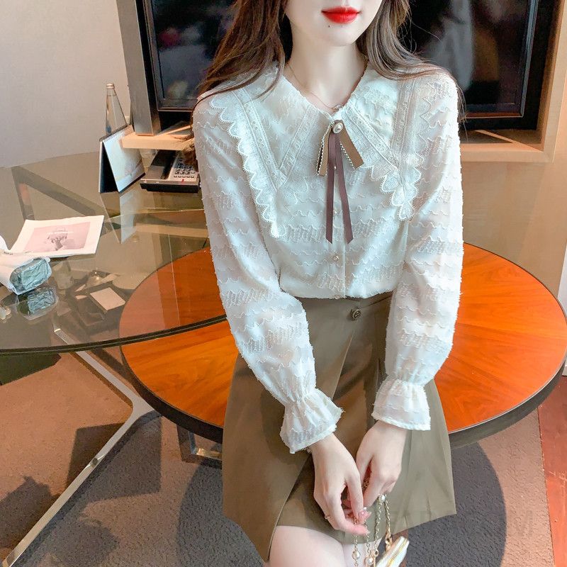 레이스 리본 칼라 쉬폰 블라우스 여성용 가을 데일리 긴팔 셔츠 스타일리시한 빈티지 감성의 편안한 착용감 데이트룩 하객룩 추천 - 상세 이미지 3