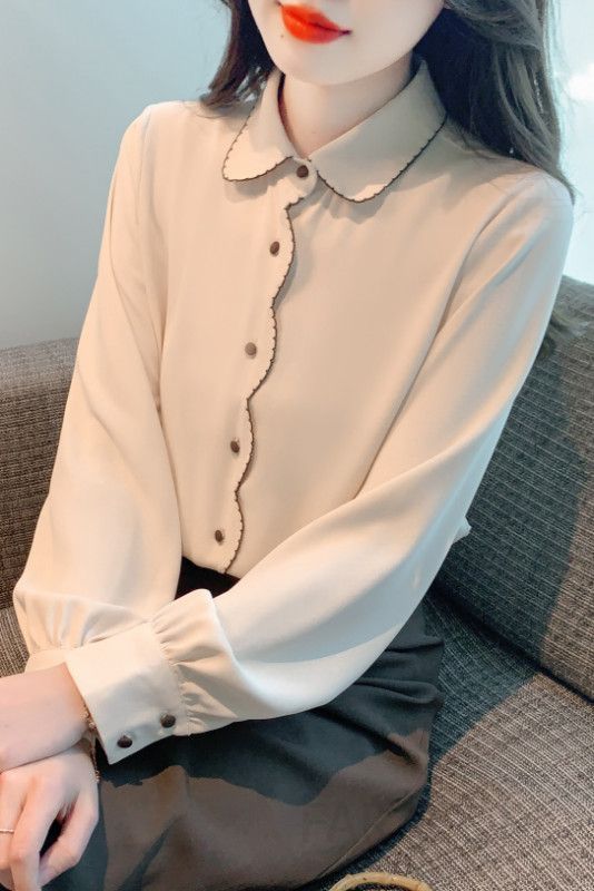 쉬폰 긴팔 블라우스 여성 가을 스타일 웨이브 엣지 폴로 칼라 자수 디테일 루즈핏 우아한 데일리룩 하객룩 - 상세 이미지 5