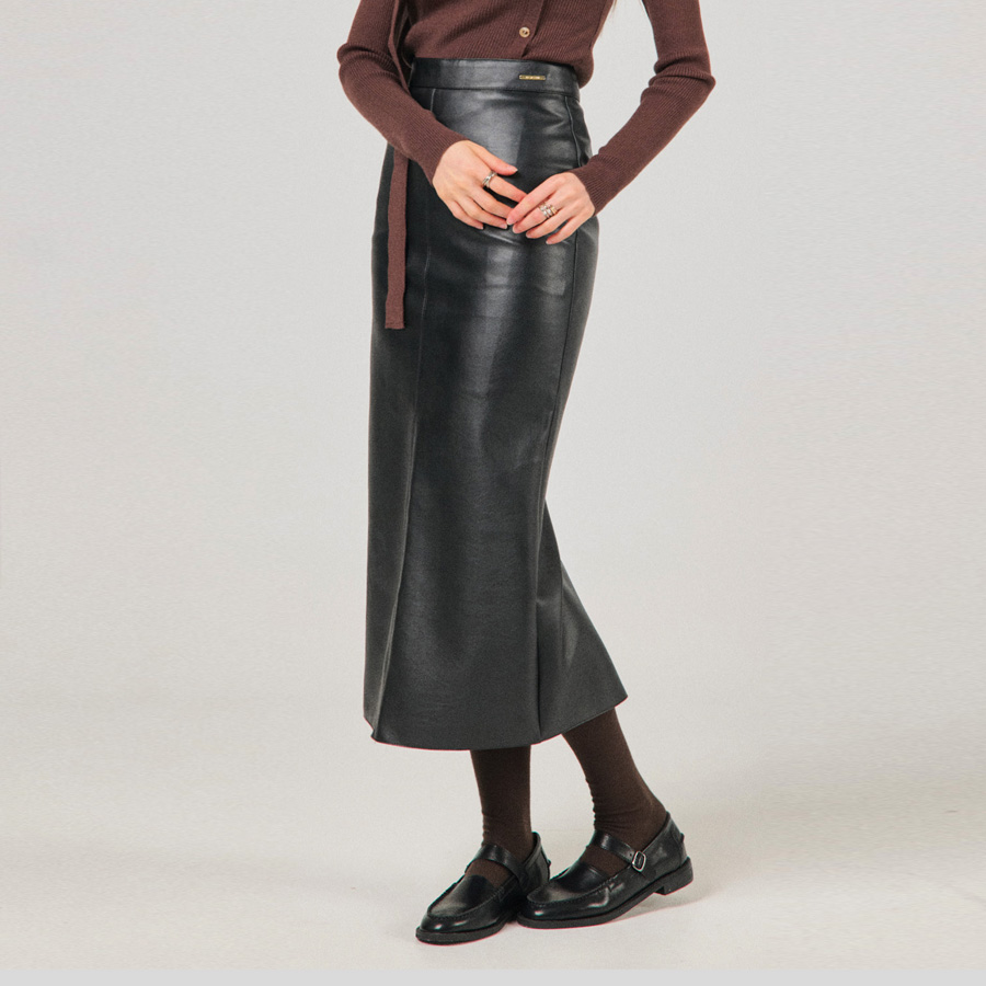 [자체제작] 슬릿 H 하이웨스트 레더 롱스커트 (BLACK, 4SIZE) 제품 이미지