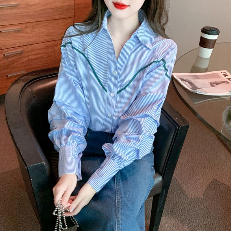 여성 긴팔 셔츠 가을 스타일 폴로 칼라 캐주얼 데일리 코튼 셔츠 트렌디한 디자인 편안한 착용감 다용도 활용성 높은 외출용 - 상품 이미지