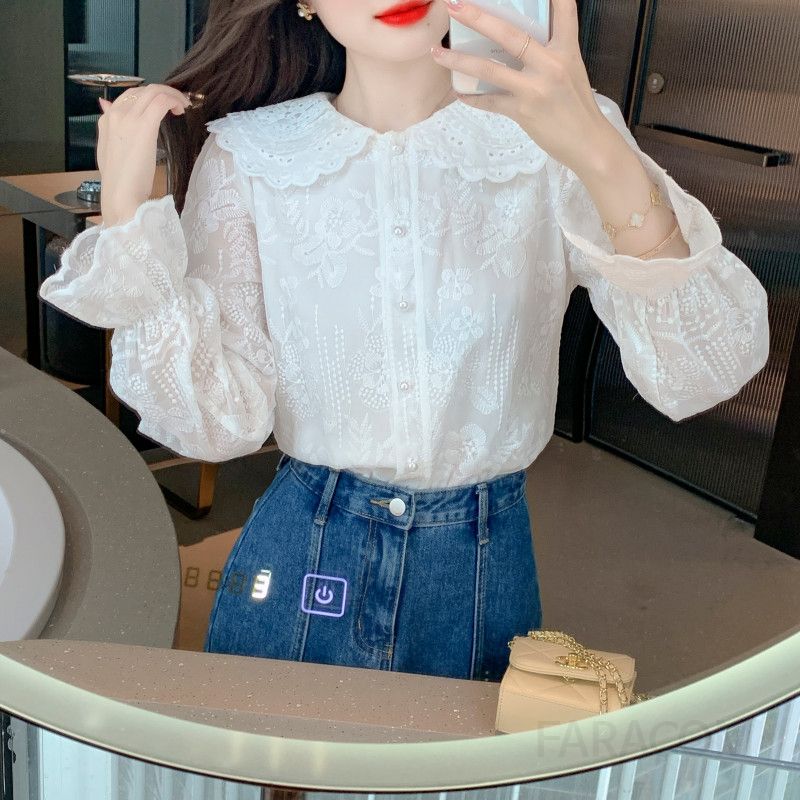 화이트 쉬폰 레이스 블라우스 여성 가을 긴팔 스타일리시한 루즈핏 데일리 셔츠 시스루 디자인 여성스러운 분위기 - 상세 이미지 4