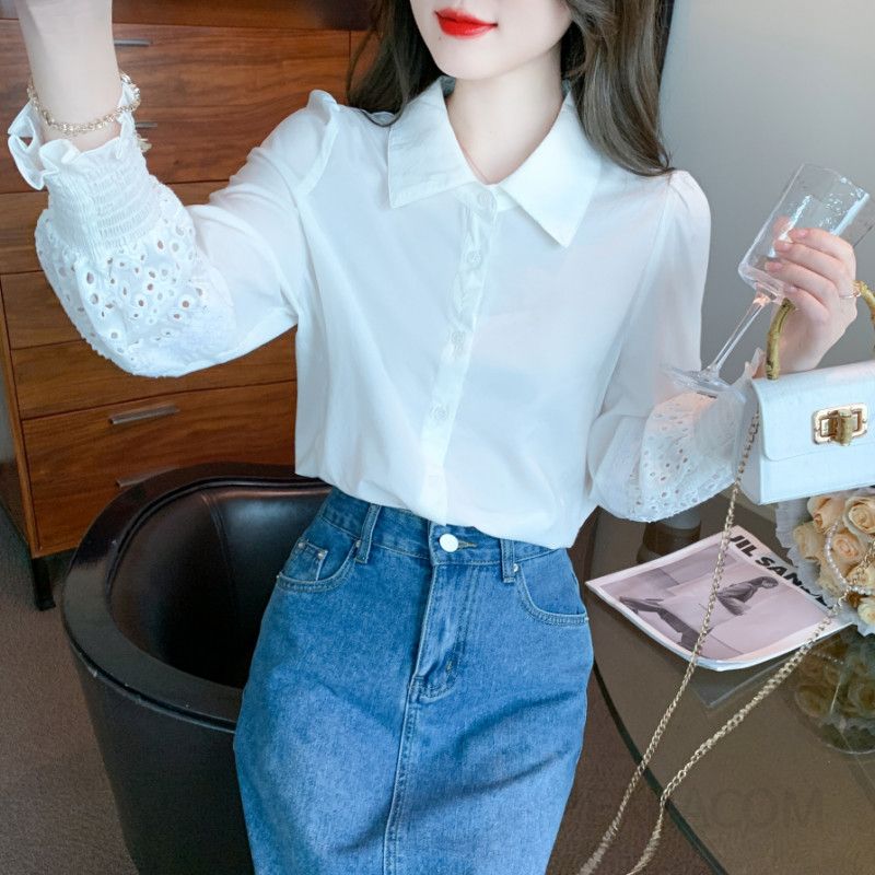 화이트 레이스 쉬폰 여성 블라우스 봄여름 심플한 스타일리시 캐주얼 셔츠 랜턴슬리브 데일리 룩 시원한 착용감 패션 탑 - 상세 이미지 3
