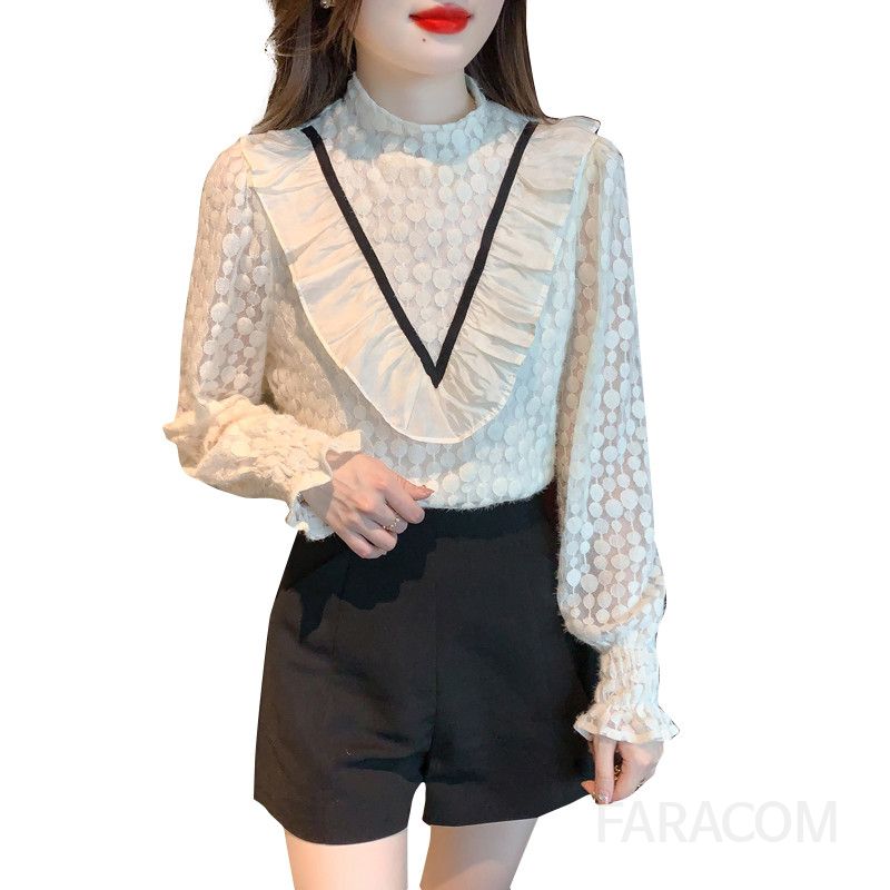 여성 레이스 긴팔 셔츠 얇은 가을 데일리 블라우스 스타일 통근용 프릴 장식 우아한 디자인 착용감 좋은 상의 - 상세 이미지 5