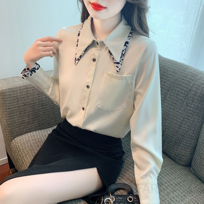 여성용 레트로 프린트 새틴 긴팔블라우스 가을 패션 쉬폰 소재 루즈핏 스타일링 데일리 캐주얼룩 대비색 디자인 고급스러운 착용감 - 상세 이미지 4
