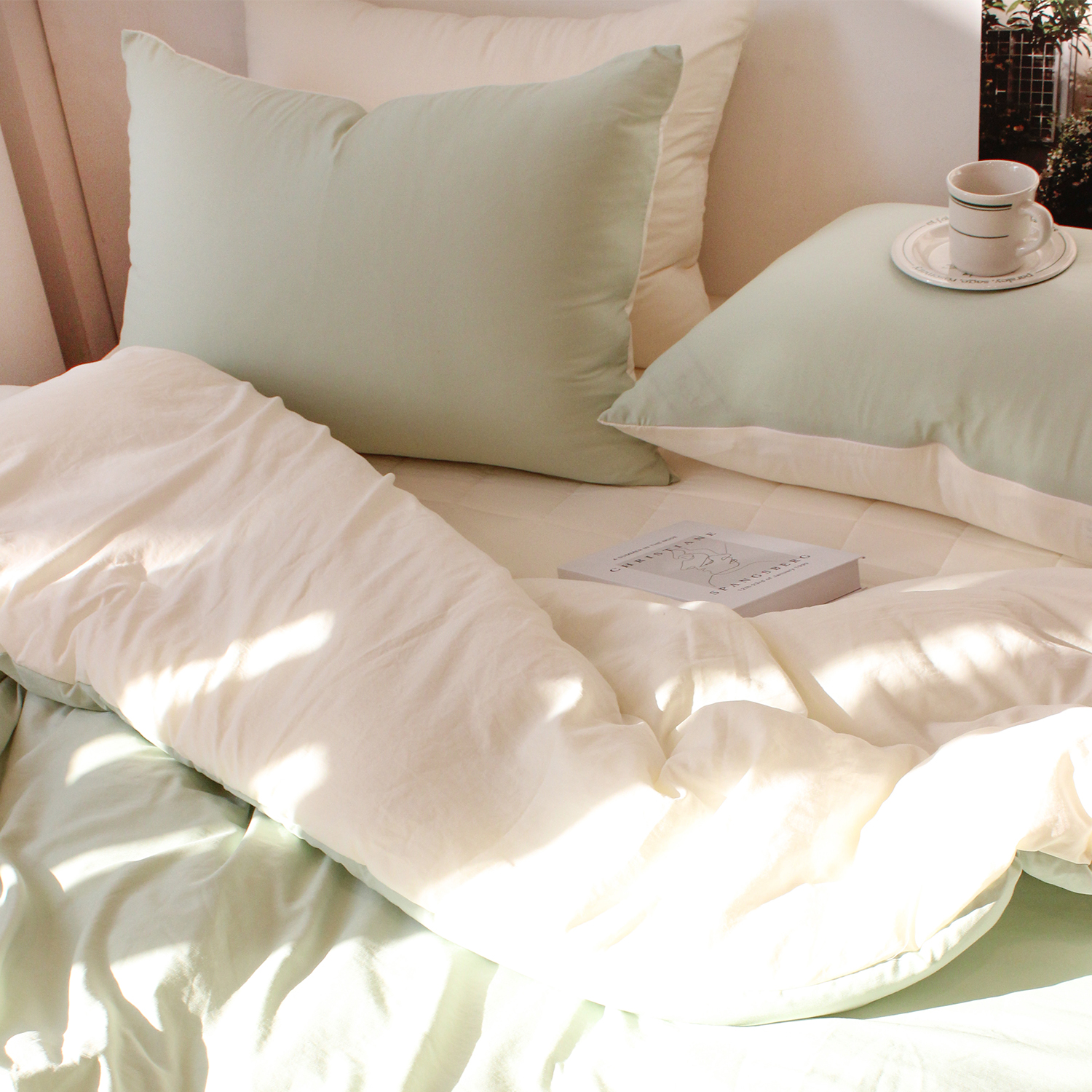 부드러운 디어마이 리버서블 워싱 옥수수솜 무봉제 차렵이불 세트 라임 크림, SS패드세트(이불+베개커버+침대패드)