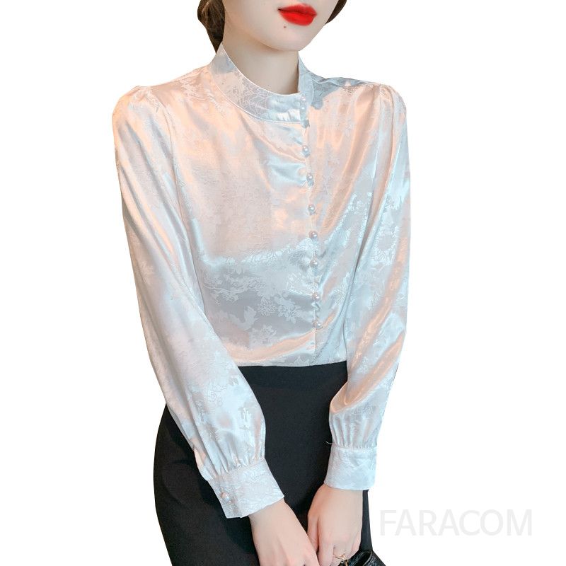 여성 가을 레트로 스탠드 칼라 긴팔 블라우스 루즈핏 캐주얼 스타일 통근용 데일리 셔츠 고급스러운 디자인 편안한 착용감 - 상세 이미지 5